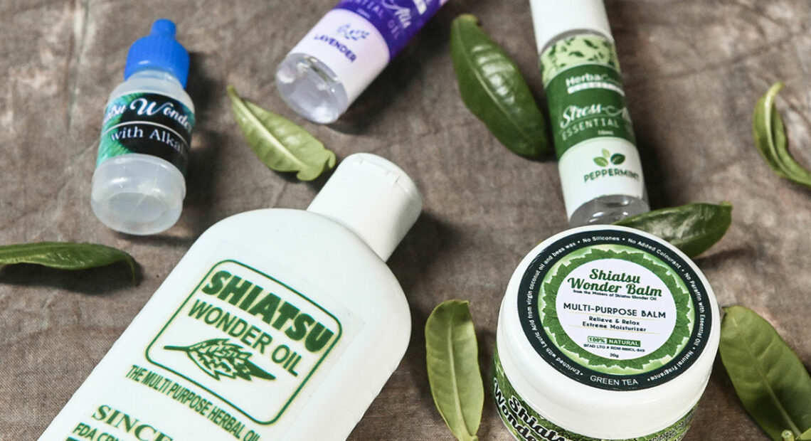 Herbal wellness products with green leaves.